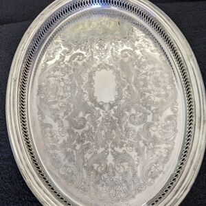 Elegant Silver Oval Tray 18 1/2" x 13"